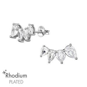 Rhodium Curved CZ Ear Studs | 8 Stones 13mm
